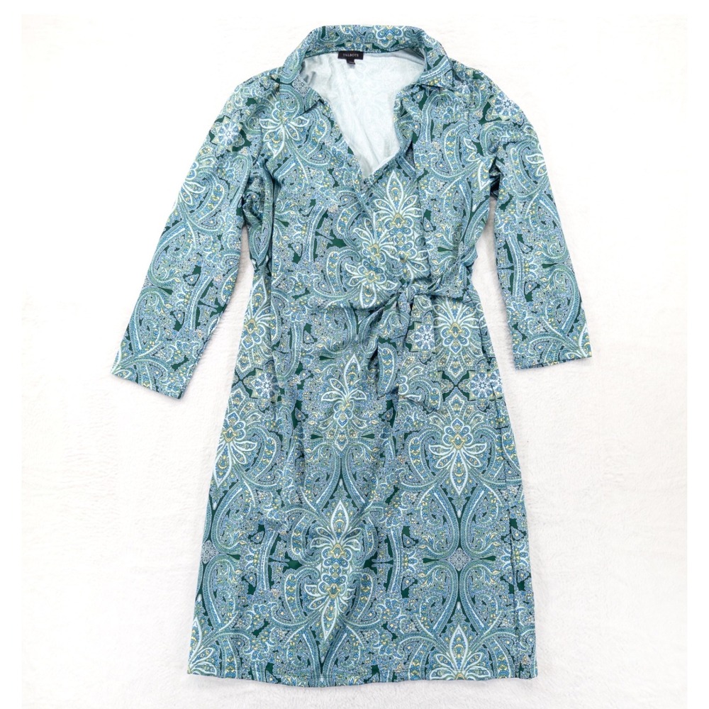 Talbots Womens Wrap Style Dress Size M Green Blue Paisley 3/4 Sleeve Knee Length